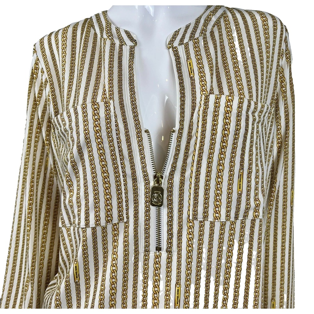 MICHAEL KORS ZIP FRONT BONE/GOLD LONG SLEEVE CHAIN LOGO TOP Size L Pre-Owned